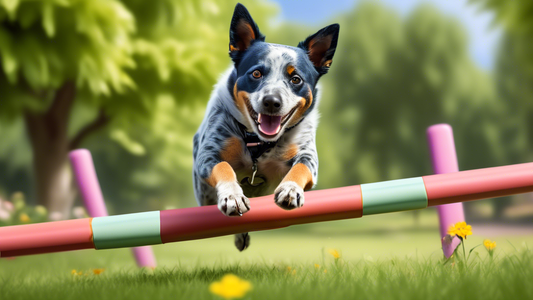 Create an image of a happy Blue Heeler dog participating in a training session with its owner in a picturesque park. The dog is attentively following commands, showcasing agility by jumping over small