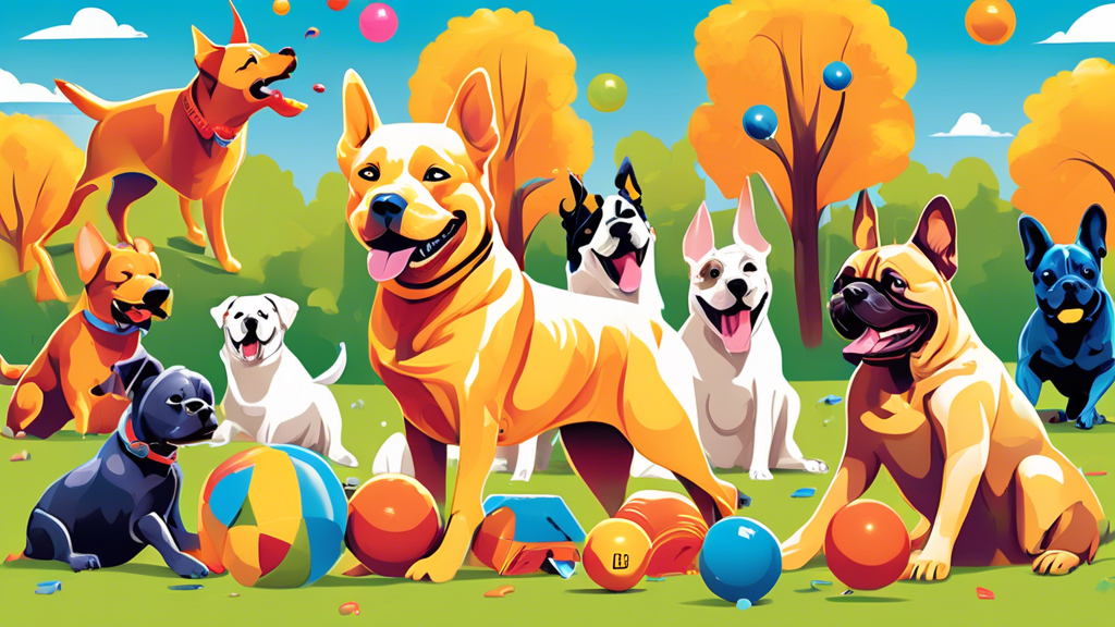 A diverse group of dogs joyfully playing with an assortment of colorful indestructible toys on a sunny park lawn, featuring a mix of breeds like a Golden Retriever, a French Bulldog, and a German Shep