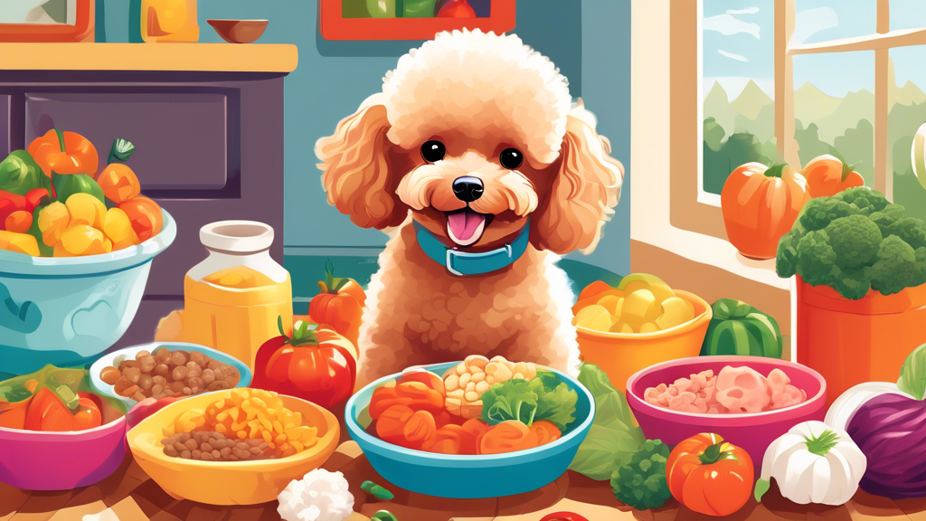 A vibrant and heartwarming illustration featuring an adorable toy poodle puppy joyfully surrounded by an array of high-quality, nutritious food options specifically tailored for young puppies. Include