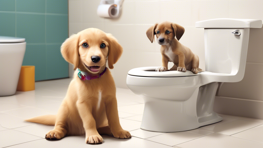 Create an image showing a cheerful scene of a puppy being toilet trained. The setting is a clean, cozy home with a designated potty area for the puppy. Include a patient and smiling dog owner, gently 