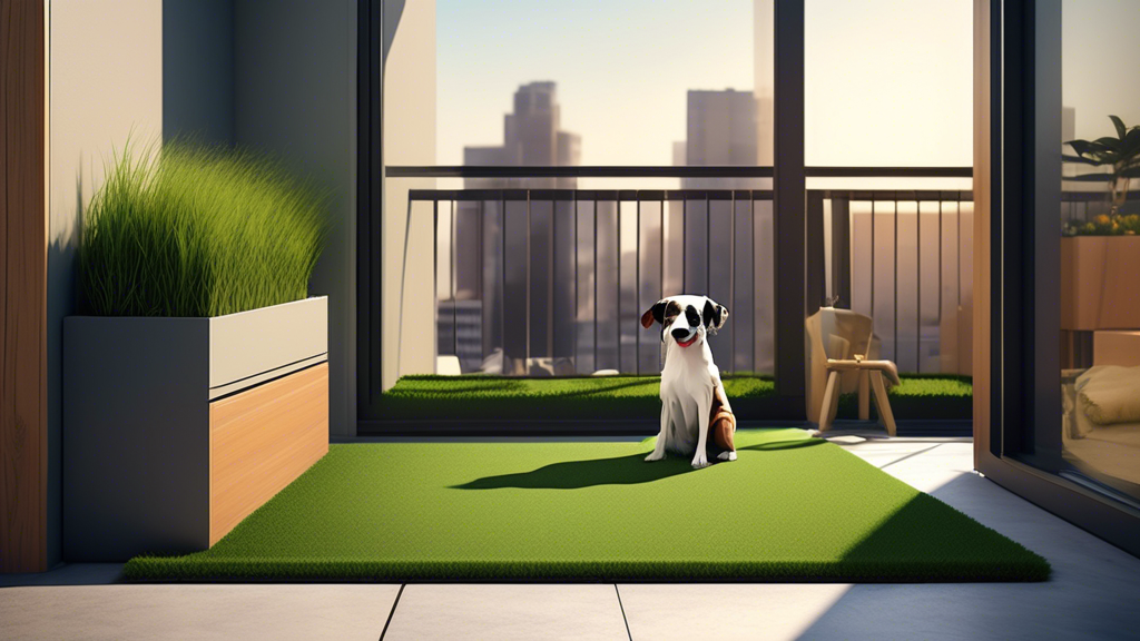 Create an image of a modern urban apartment balcony with a small, stylish artificial grass potty setup for dogs. A contented small dog is using the turf potty, while the pet owner smiles approvingly i