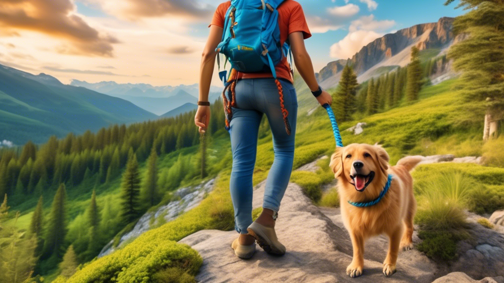 Prompt for DALL-E: A high-quality climbing rope dog leash with a secure carabiner clip, shown in a vibrant outdoor setting with a happy dog and its owner hiking through a scenic mountain trail. The im