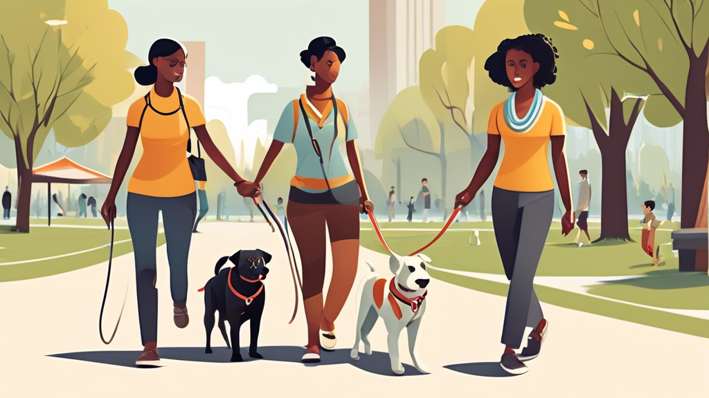 Create an image showcasing a variety of collars and leashes being used by humans in different scenarios. The background should feature a park setting with individuals, some wearing collars and some ho