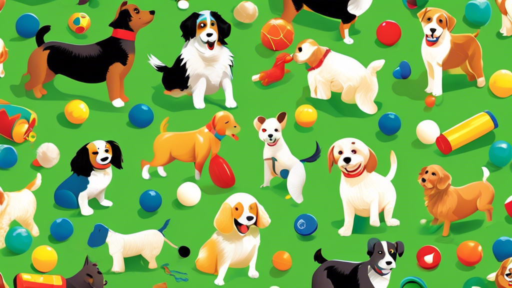 Create a vibrant scene featuring a variety of playful and engaging dog toys spread out on a lush green lawn with happy, energetic puppies of different breeds joyfully interacting with them. Include ba