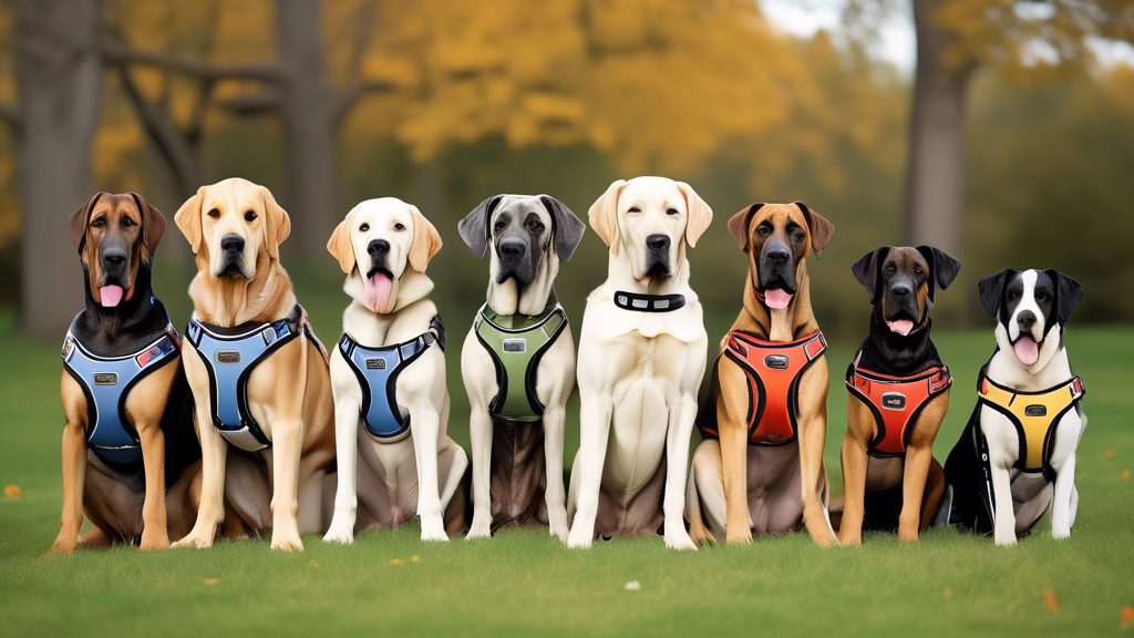 Create an image of a variety of XL dog harnesses displayed on large dog breeds such as Great Danes, Saint Bernards, and German Shepherds. The harnesses should come in different colors, designs, and fe