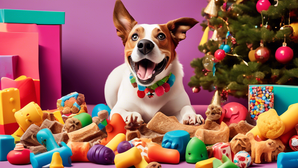 Generate an image of an excited dog surrounded by a variety of tough chew toys and delicious treats from BarkBox Super Chewer, displayed in a colorful and playful setting with festive decorations.