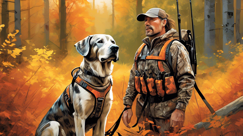 Create a detailed illustration of a professional hunting dog in various harnesses, displaying the features and benefits of each. Include settings such as forest terrain and open fields to demonstrate 