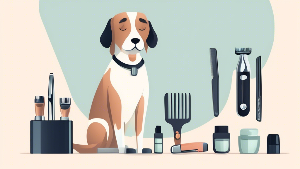 Create an image of a serene and minimalistic grooming setup for dogs, featuring sleek, modern, and high-tech clippers and grooming tools designed for silent operation. Show a happy dog sitting calmly 