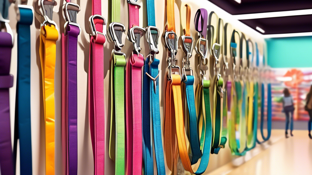 An array of colorful dog leashes hanging neatly on a display wall in a pet store, each leash showcasing different materials and features like reflective strips, padded handles, and retractable designs