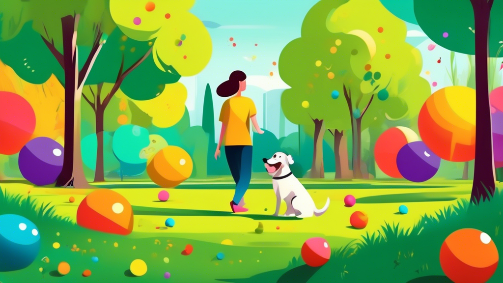 A vibrant park setting with green grass and trees, featuring a happy dog enthusiastically herding colorful balls into a designated area, with a cheerful pet owner watching and encouraging. The scene e