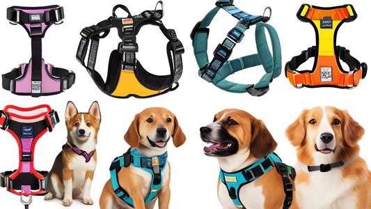 A detailed product display featuring a variety of colorful, stylish, and comfortable chewy dog harnesses on a clean white background. Each harness showcases unique features such as adjustable straps, 