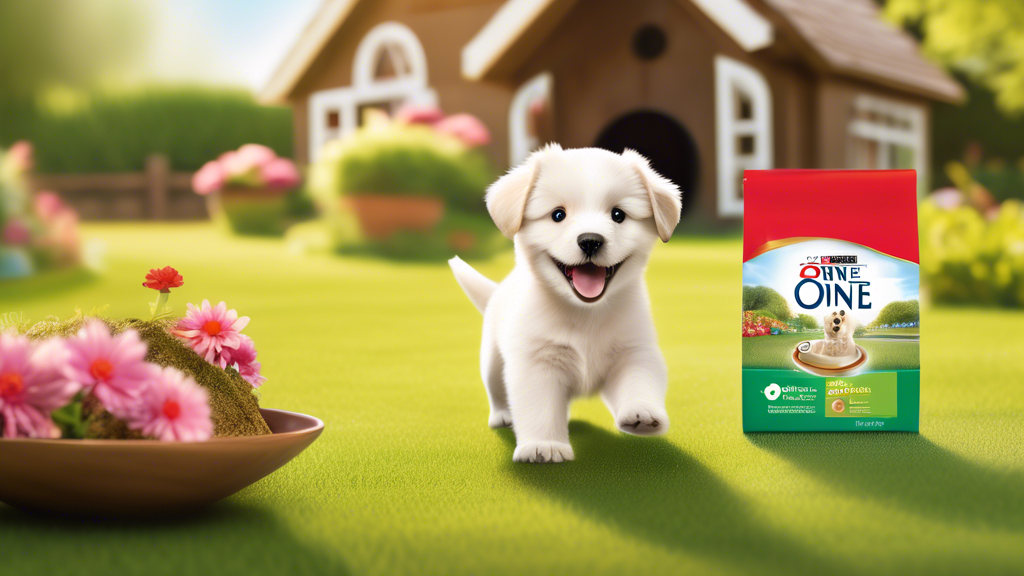 Create an image of an adorable, happy puppy energetically playing in a beautiful, sunny garden. The puppy is near a bowl of Purina One puppy food, with the brand logo clearly visible on the packaging.