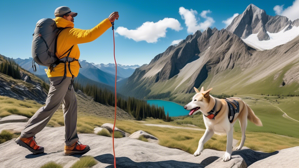 A high-energy dog enthusiastically hiking on a scenic mountain trail, securely tethered to its owner with the innovative Ruffwear Hitch Hiker Leash. The leash's adjustable, hands-free design is highli