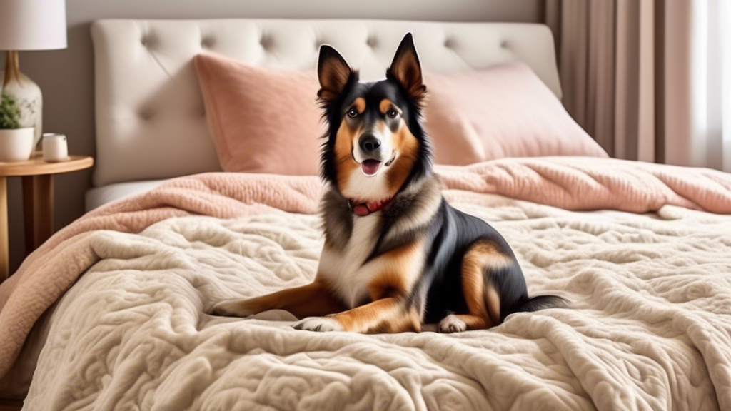 Create a detailed, cozy bedroom scene with a luxurious bedspread complemented by a variety of dog blankets. Include a happy dog comfortably lying on one of the blankets. Display different types of dog