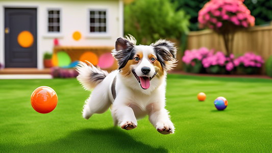 Create a vibrant and playful scene featuring a happy dog joyfully chasing a remote control ball in a beautiful backyard. The remote control ball is colorful with dynamic patterns, and in the backgroun