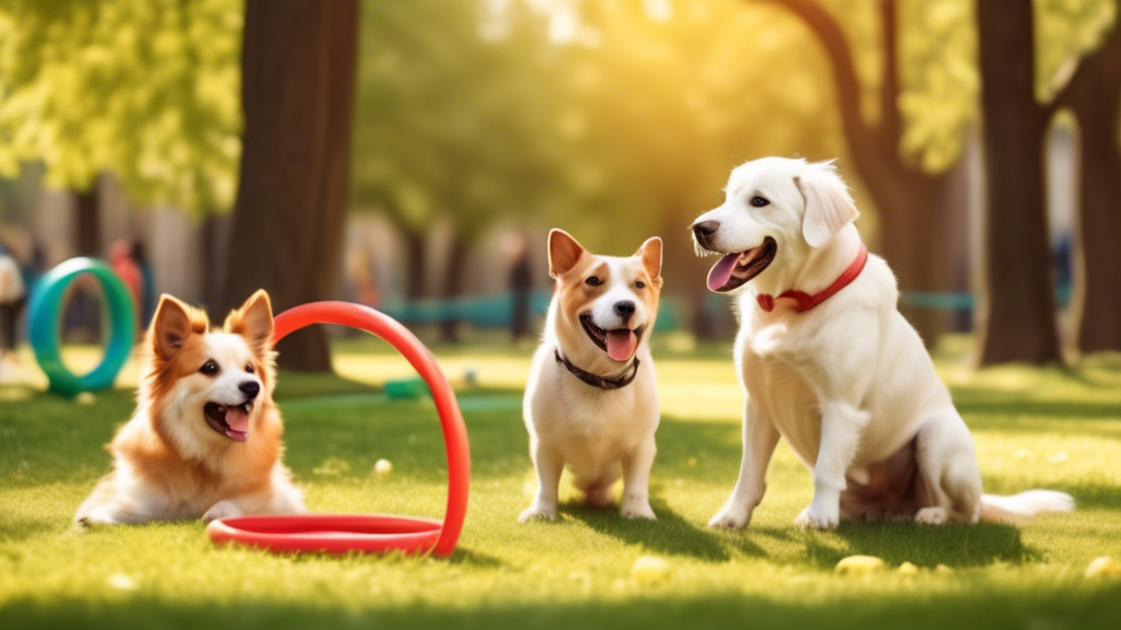 Create an image of a cheerful dog training session in a sunny park. A variety of dog breeds are seen practicing obedience commands with their owners, who are using treats and toys as rewards. The scen