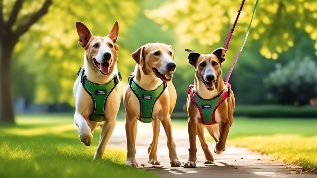 Create an image of two happy hounds walking side by side in a beautiful park, each wearing a stylish and comfortable Freedom Harness. The harnesses should be well-fitted and look secure, with their vi
