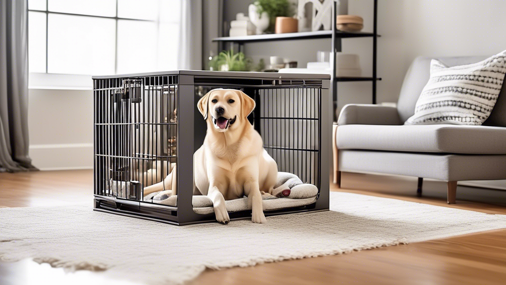 Create an image that showcases a stylish, soft, collapsible dog crate in a cozy living room setting. The crate should be partially open, with a happy, medium-sized dog (like a Labrador Retriever) comf