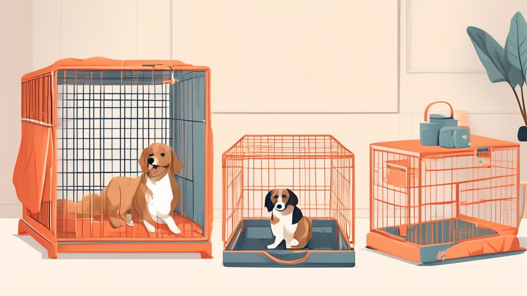 Create a detailed and heartwarming illustration of various top-quality soft dog crates in different settings. Showcase a comfortable and safe design for each crate, with happy dogs resting or playing 