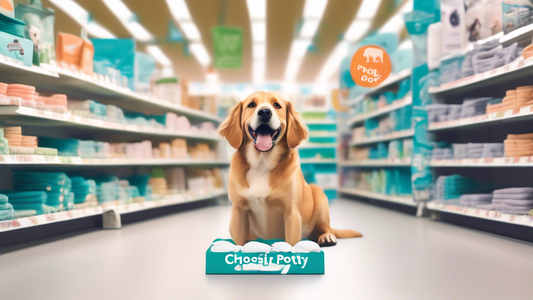 Create an image of a friendly dog sitting on various types of potty pads in a neatly arranged pet store aisle. Illustrate different options like eco-friendly pads, reusable fabric pads, and high-tech 