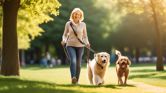 Create an image depicting a well-behaved dog walking with its owner in a sunny park, using a Halti double-ended lead. Illustrate the versatility of the lead by showing it attached to both the dog's co