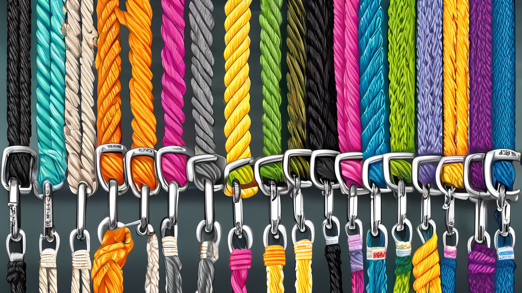 Create a detailed image of a variety of colorful rope leashes for dogs on display in a pet store. Show different types, colors, and thicknesses of leashes, with tags highlighting features such as dura