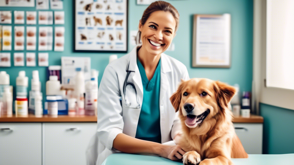 A heartwarming image of a cheerful dog sitting on a veterinary examination table, surrounded by a variety of flea medication options. The veterinarian, with a friendly smile, is showing the dog owner 