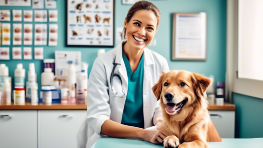 A heartwarming image of a cheerful dog sitting on a veterinary examination table, surrounded by a variety of flea medication options. The veterinarian, with a friendly smile, is showing the dog owner 