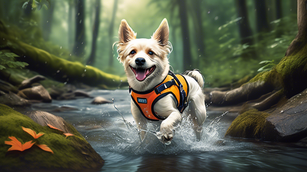 Create an image of a happy, adventurous dog wearing a stylish and durable waterproof harness while splashing through a stream in a lush forest. The dog looks comfortable and the harness is visibly hig