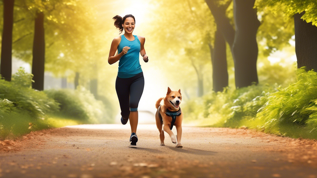 Create an image of a person jogging through a scenic park trail with their dog, using a high-quality dog running leash. The leash should be hands-free and comfortably secured around the runner's waist