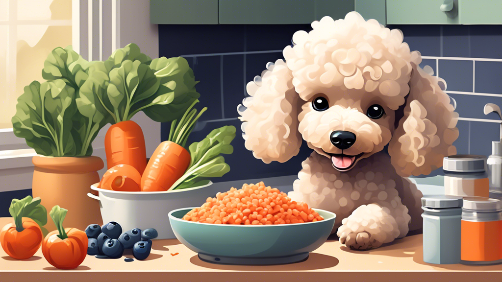 Create an illustration of a happy, healthy poodle puppy sitting in a cozy, well-lit kitchen. Surround the puppy with a variety of nutritious foods like fresh vegetables (carrots, spinach), fruits (blu