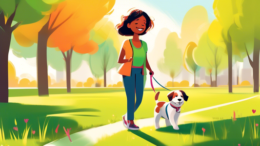 A cute puppy with a colorful collar and leash being gently guided by a smiling owner in a sunny park. The puppy is walking calmly beside the owner, with green grass and trees in the background. The sc