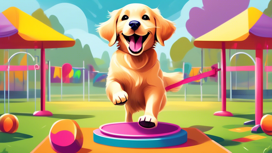 Create a digital illustration of a happy retriever puppy happily obeying a training command in a vibrant and inviting outdoor training facility. The background should include a professional trainer ho