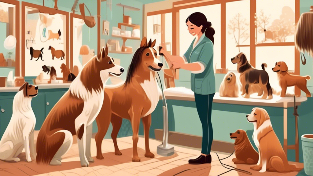 An illustrated guide showcasing a person using different horse brushes to groom various breeds of dogs in a cozy, well-lit grooming salon. The scene shows detailed step-by-step instructions, with each