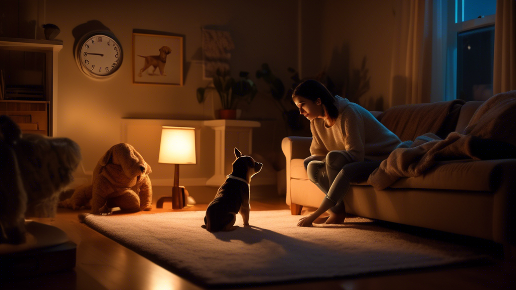 A warm, cozy nighttime scene featuring a young puppy and a pet owner in a softly lit living room. The owner is gently guiding the puppy towards a pee pad area, with a clock showing it's late evening a