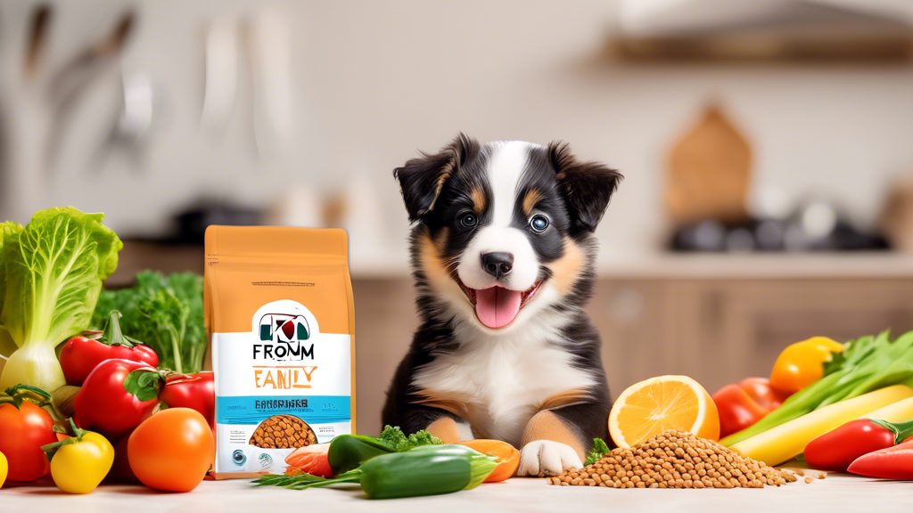 Create an image of a joyful puppy sitting beside a bag of Fromm Family Puppy Food. The puppy should look healthy and energetic, surrounded by colorful, nutritious ingredients like fresh vegetables, fr