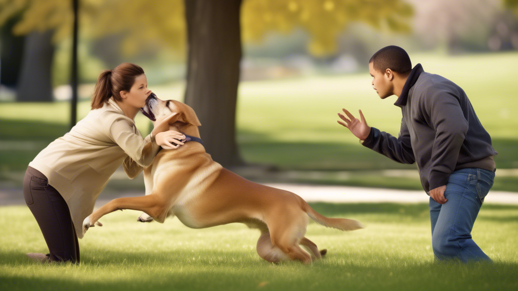 Create an image that illustrates dog aggression: a conflicted scene at a park where a dog shows aggressive behavior toward another dog, with concerned owners keeping a safe distance. Include visual el