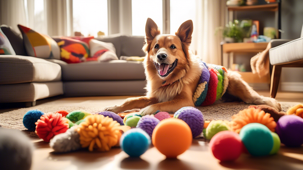 Create an image of a joyful dog playing with an assortment of colorful, budget-friendly dog toys in a cozy living room. The toys should include durable rubber balls, squeaky plush animals, braided rop