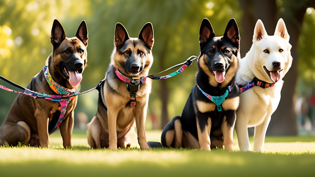 Create an image of a dynamic scene set in a vibrant park. Feature a variety of strong dogs, such as German Shepherds, Huskies, and Pit Bulls, all on different sturdy dog leashes designed to handle str