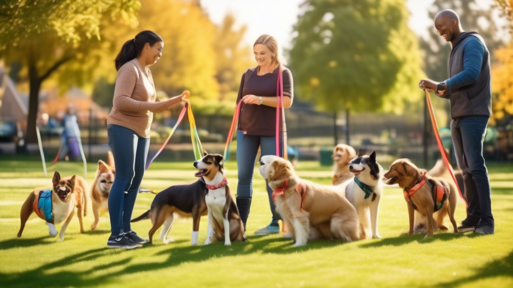 A vibrant and friendly suburban neighborhood park, featuring a skilled dog trainer working with various breeds of dogs in a well-organized training session. Owners watch attentively, engaged in learni