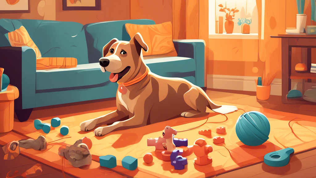 Create an illustration showcasing a cheerful dog in a cozy living room filled with various mental toys. Include a puzzle feeder, a snuffle mat, an interactive treat-dispensing ball, and a challenging 