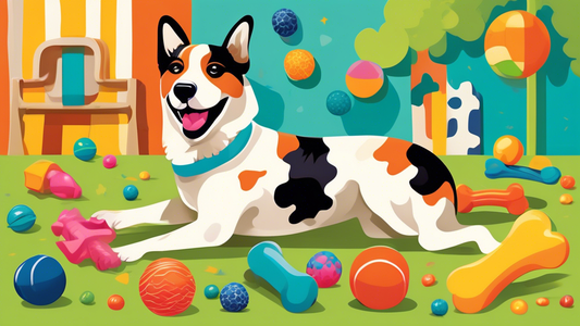 Create an image that showcases various colorful rubber dog toys in playful shapes such as bones, balls, and chew rings. Portray a happy and energetic dog playing with these toys in a bright and cheerf