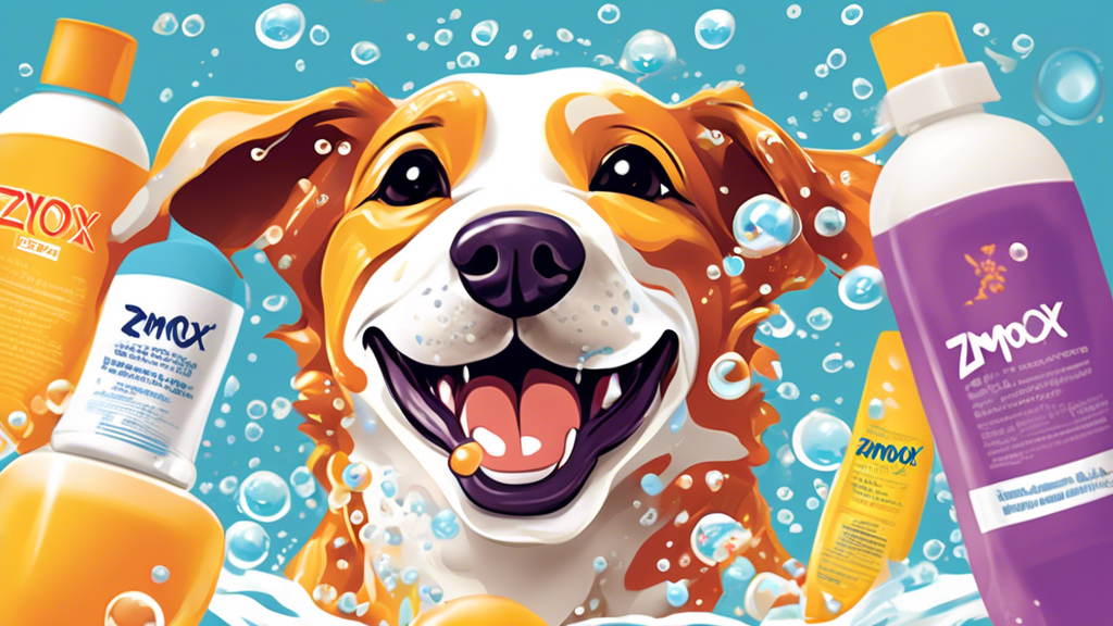 Create a vibrant illustration of a happy, healthy dog enjoying a bath with Zymox Dog Shampoo. Highlight the shampoo bottle with clear labeling, and add playful bubbles around the dog. Include key bene