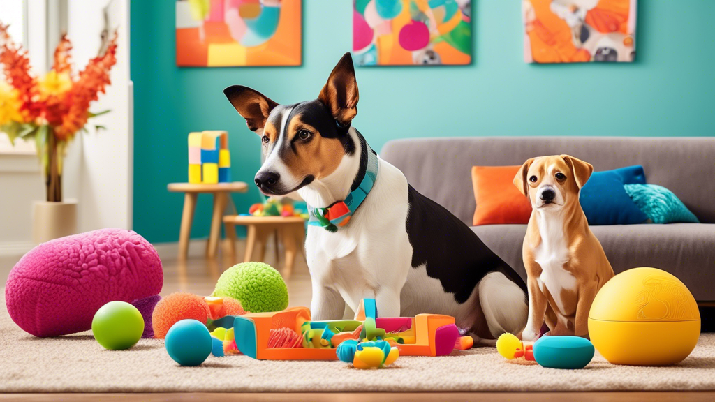 Create a vibrant and playful image featuring a variety of innovative and stimulating dog toys designed to engage intelligent pups. Include puzzle feeders, interactive treat-dispensing toys, rope toys,