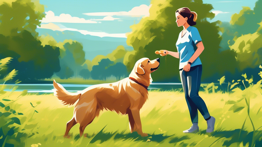 A serene outdoor scene featuring a professional dog trainer working with an energetic retriever dog in an open field. The trainer is demonstrating commands and rewarding the dog with treats. Surround 