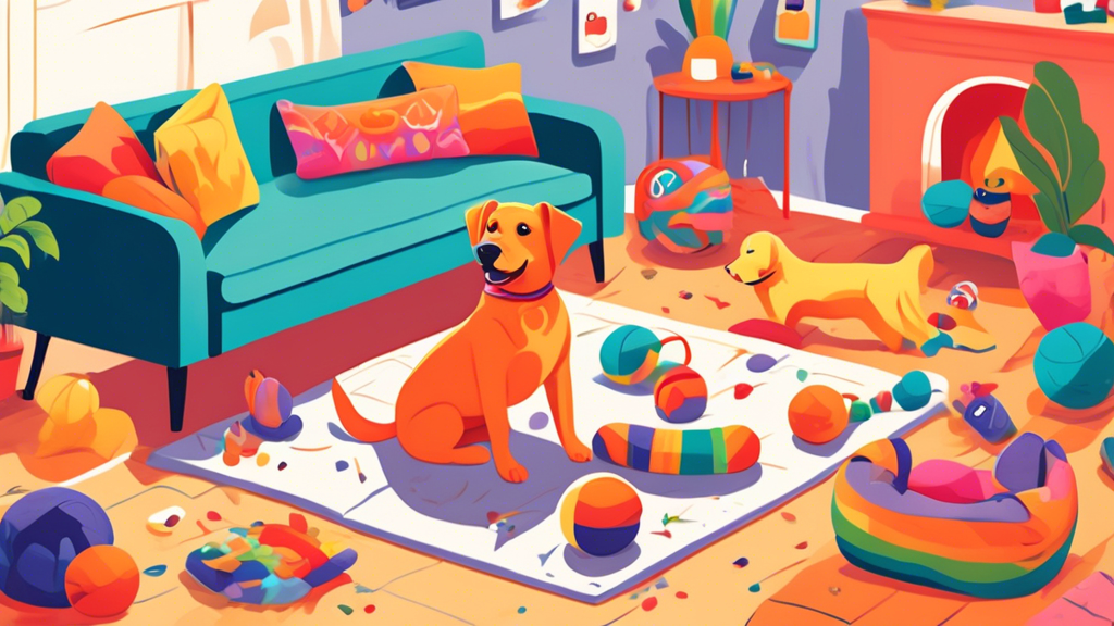 A vibrant illustration of various dog toys scattered in a cozy living room, including interactive puzzle toys, squeaky plush animals, rubber chew toys, and durable tug ropes. A happy, playful dog is e