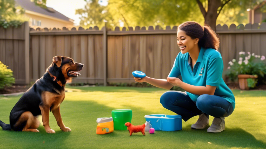 A vibrant, engaging scene showing a person using effective dog training methods with their pet in a backyard. The individual is seen holding a clicker and treat pouch, while the dog sits attentively, 