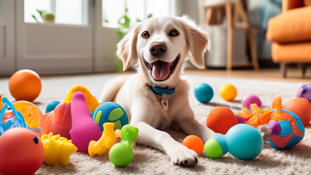 An array of the top squeaky dog toys of 2023 displayed in a vibrant, pet-friendly environment. Showcase a variety of toys in different shapes, sizes, and colors, with a happy dog joyfully playing with