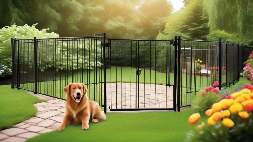 Create an image showcasing a variety of dog pen fences in a beautiful backyard. The scene includes different types of fencing materials such as wooden, metal, and plastic. Highlight various features l