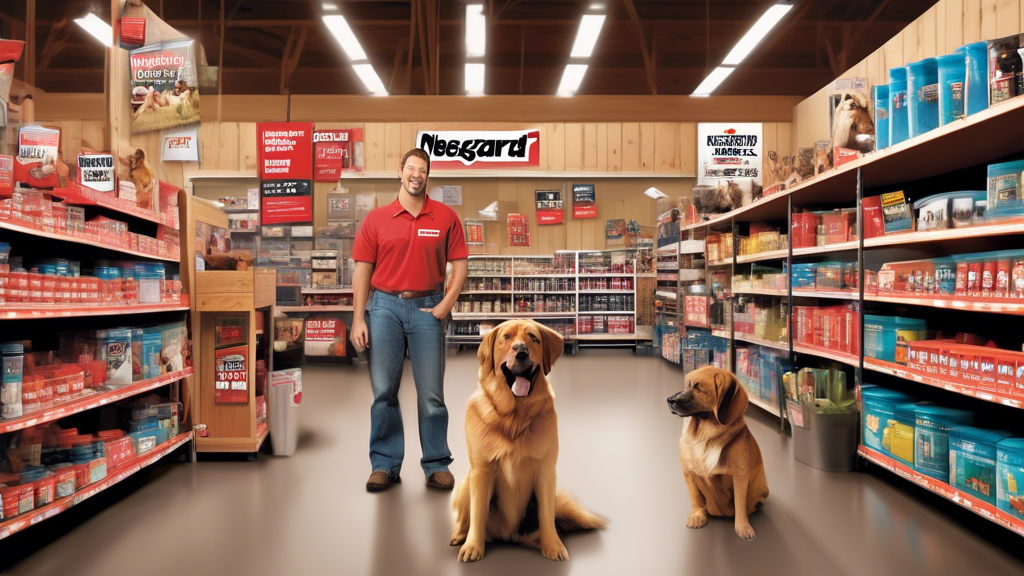 Create an image of a friendly, bustling Tractor Supply store, with neatly organized shelves displaying NexGard products for dogs. Include vibrant signage highlighting NexGard for Dogs and a content do